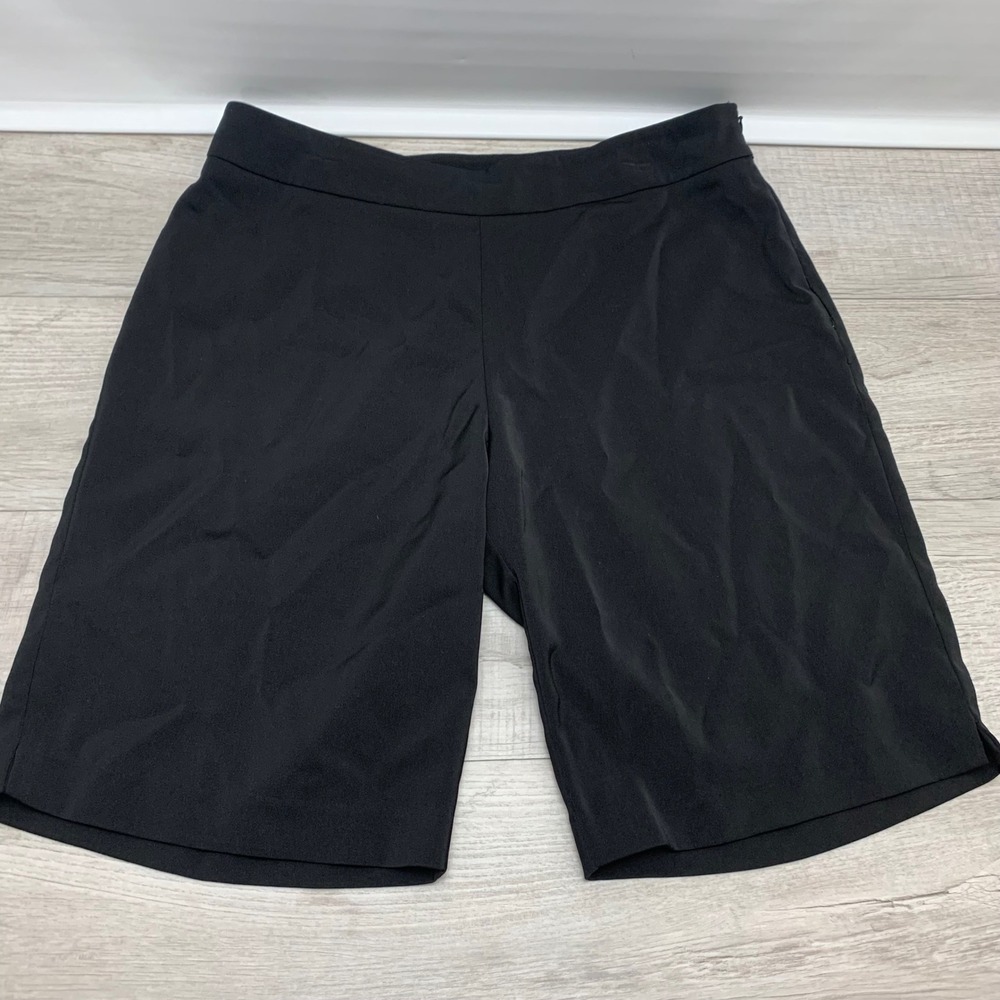 Theme Womens Black Side Zip Dress Shorts Size 14 Made in USA Stretch Knee Length